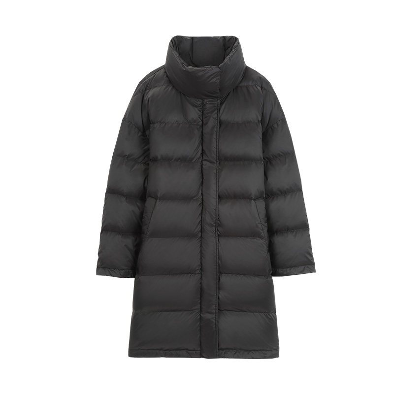 A21秋冬季女装羽绒服青春时尚宽松字母印花纯色中长款女外套 155/80A/S 黑色