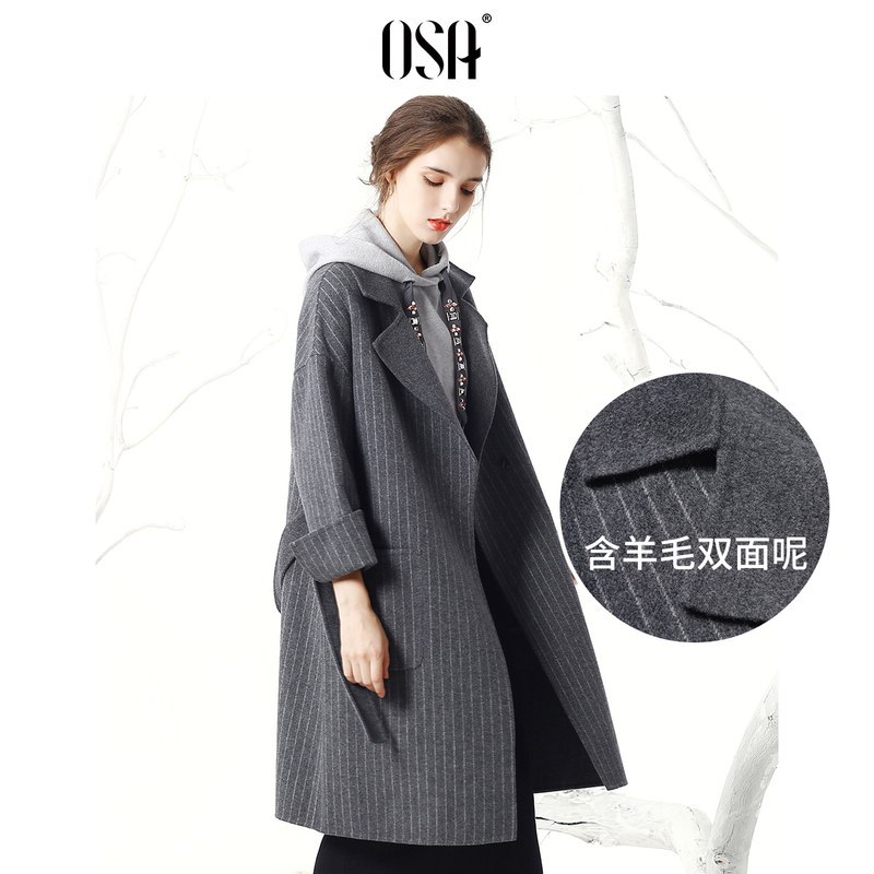 OSA欧莎条纹中长款双面呢大衣2018冬装时尚羊毛西装领毛呢外套女 XL 灰色（尺码偏大，建议选小一码）