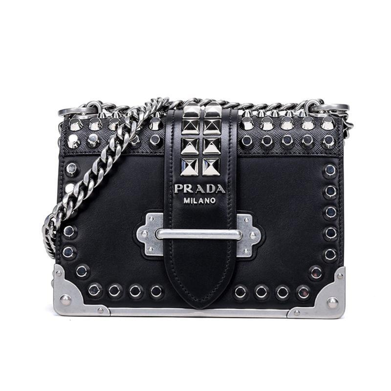 PRADA 普拉达 女士Cahier系列牛皮铆钉装饰手提包单肩包 1BD045 2BB0 V UNH 黑色