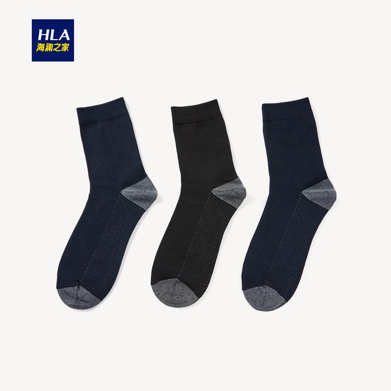 HLA海澜之家2019春季三双装镶拼舒适柔软透气棉袜男士中筒袜_HZACJ1R007A 藏青镶拼/黑色镶拼/藏青镶拼07 26-28CM