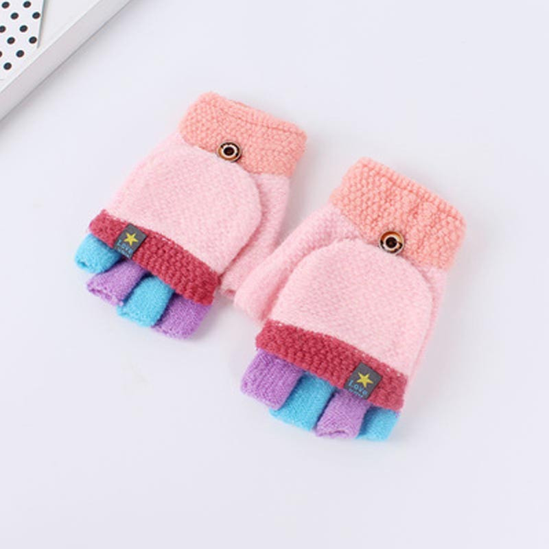 儿童翻盖手套秋冬季男童女童半指保暖手套小学生写字五指针织手套简约清新婴童手套 五星小标款粉色、6-12岁 见颜色字