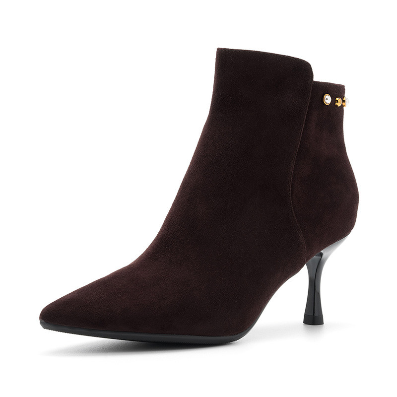 迪芙斯(D:fuse)冬季羊反绒铆钉装饰尖头高跟细跟时尚短靴女DF84116135 咖啡色 37码