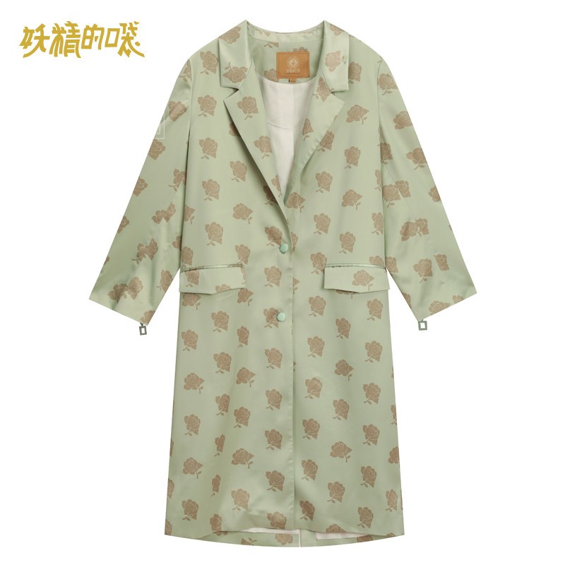 妖精的口袋春209新款女装中长款印花缎面风衣小个子气质休闲外套 L 中性绿色