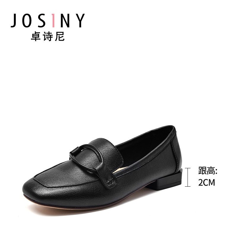 卓诗尼乐福鞋女平底2019春季新款百搭奶奶鞋简约纯色粗跟休闲女鞋 黑色 35