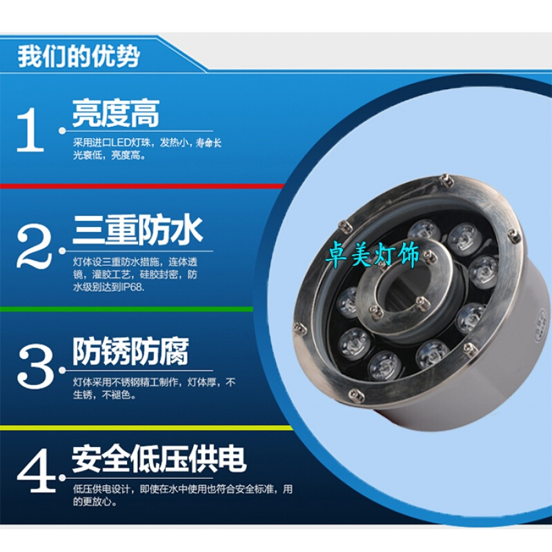 池底下中孔旱喷泉灯led底射灯涌泉灯防景灯鱼池灯下灯_7 12W-暖白