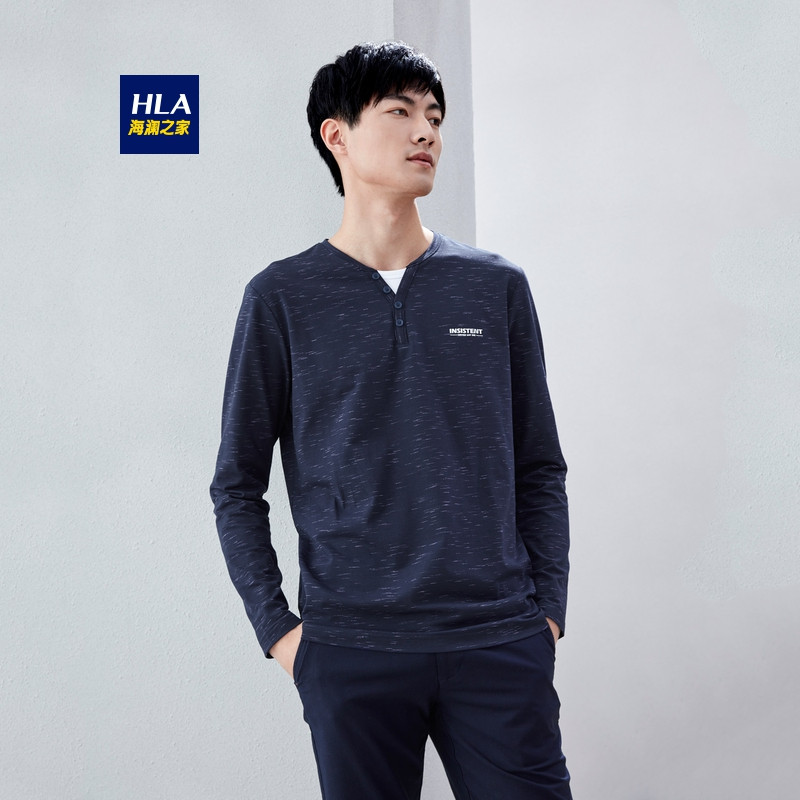 HLA海澜之家花纱平纹长袖T恤2019春季舒适简约长T男HNTAD1R004A 藏青04 185/100Y/XXL