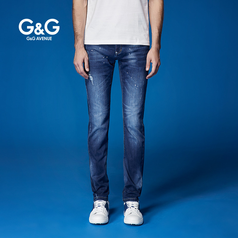 G＆G男装男士牛仔裤男秋季破洞修身韩版丹宁原色小脚弹力青年裤子 GK1631 34 牛仔蓝色
