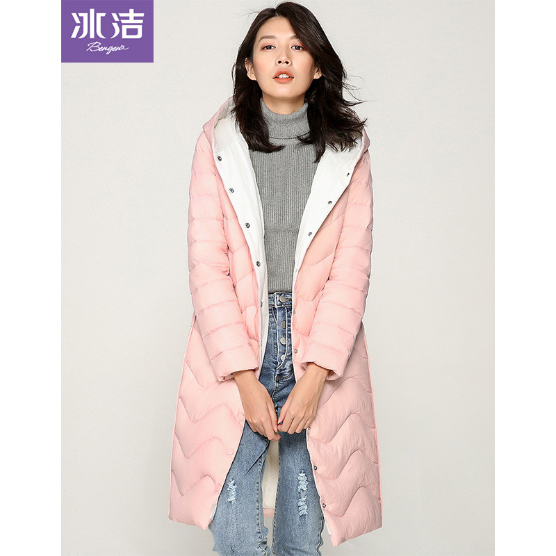 冰洁冬季轻薄羽绒服女2018新款时尚中长款白鸭绒潮外套女J80133022 160/84A 莲花粉1093