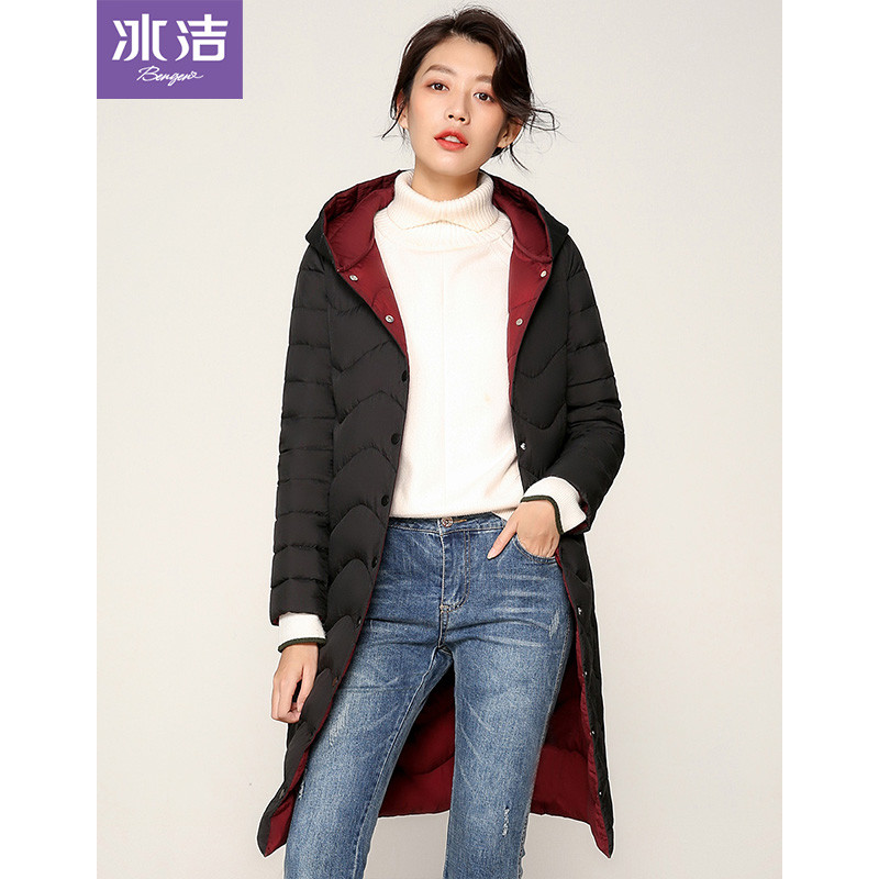 冰洁冬季轻薄羽绒服女2018新款时尚中长款白鸭绒潮外套女J80133022 160/84A 黑色8056