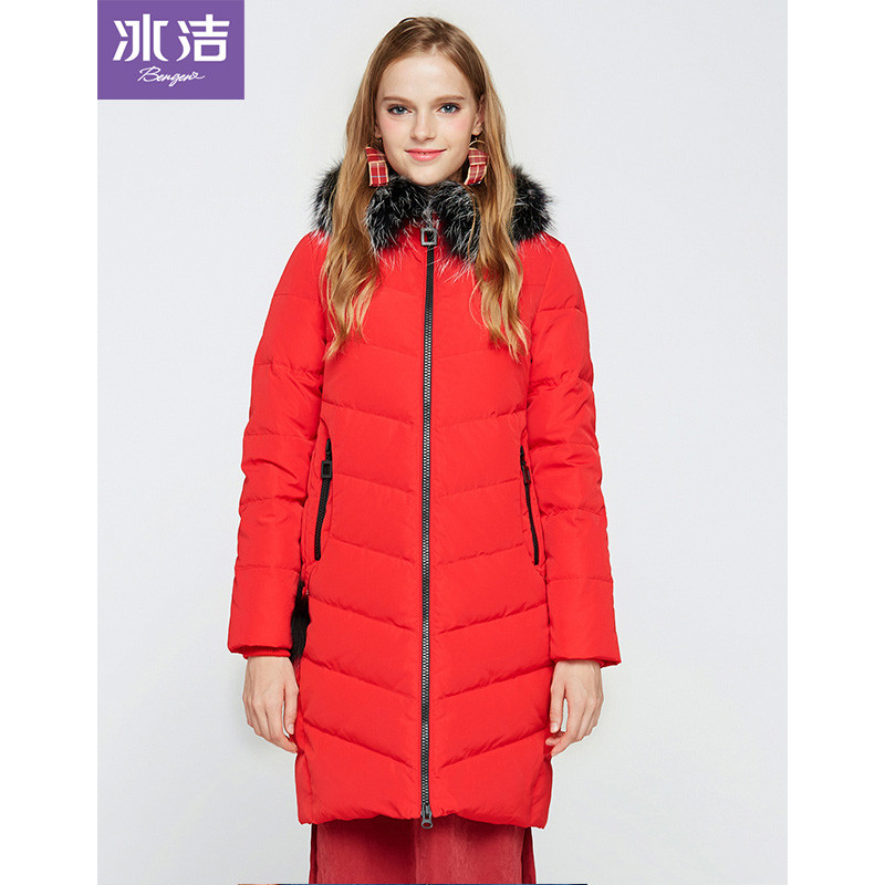 冰洁时尚中长款大毛领羽绒服女毛球装饰纯色修身J70140012 170/92A 枫叶红1142