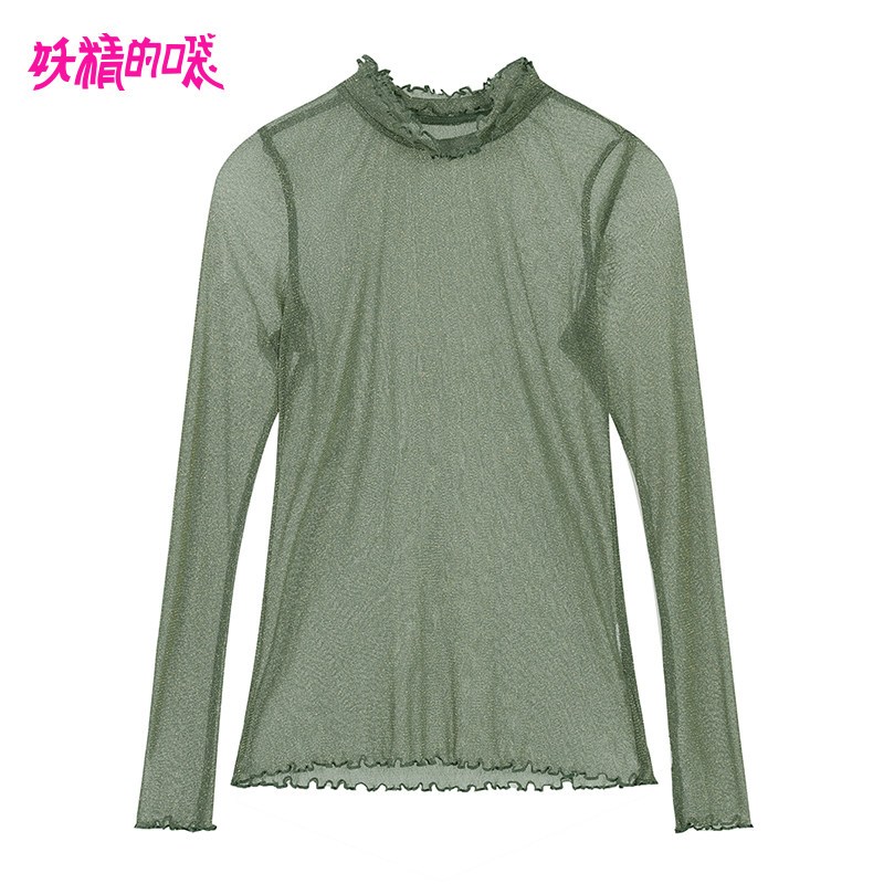妖精的口袋2019春新亮丝荷叶边内搭雪纺蕾丝纱打底衫洋气小衫女 XL 油画绿色