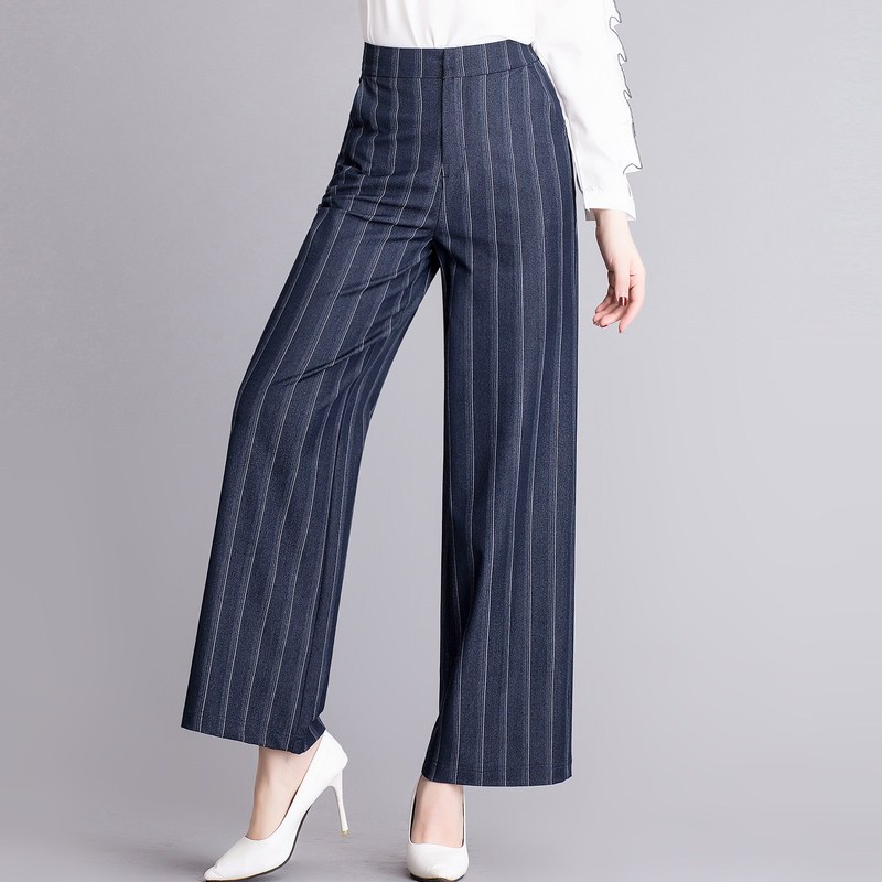 恒源祥高腰阔腿裤女春条纹九分裤2019秋韩版宽松裤子显瘦直筒西裤_1 170/80A AX1942牛仔条