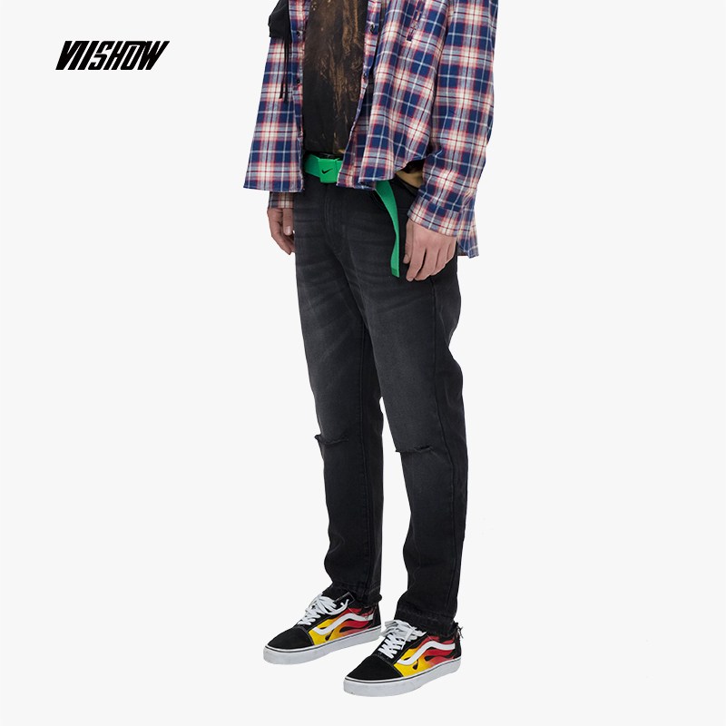 viishow2019春装新款牛仔裤男潮牌破洞须边直筒男士休闲长裤青年 185/XXL 黑色