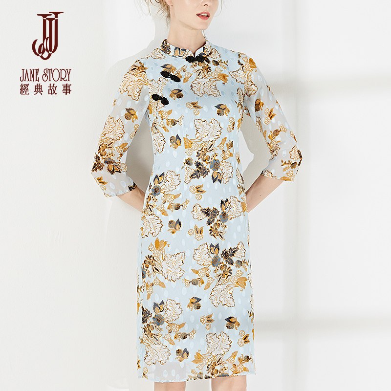 经典故事2019春季新款旗袍裙七分袖印花雪纺连衣裙女士气质A字裙 170/92A/XL K23蓝色花