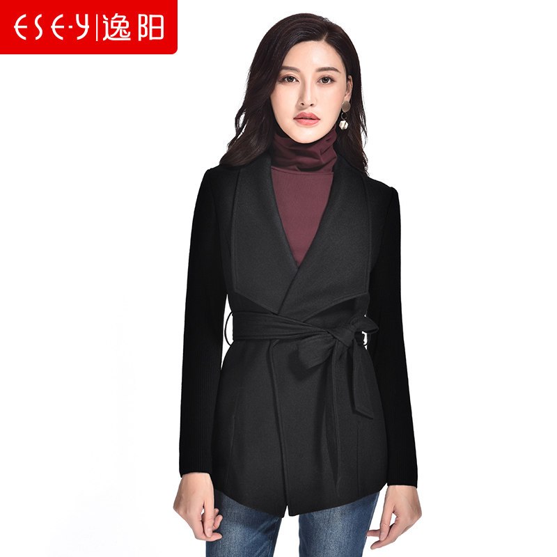 羊毛修身显瘦系带中长款上衣开衫外套风衣毛呢2019春新款女装0773 M A01（黑色）