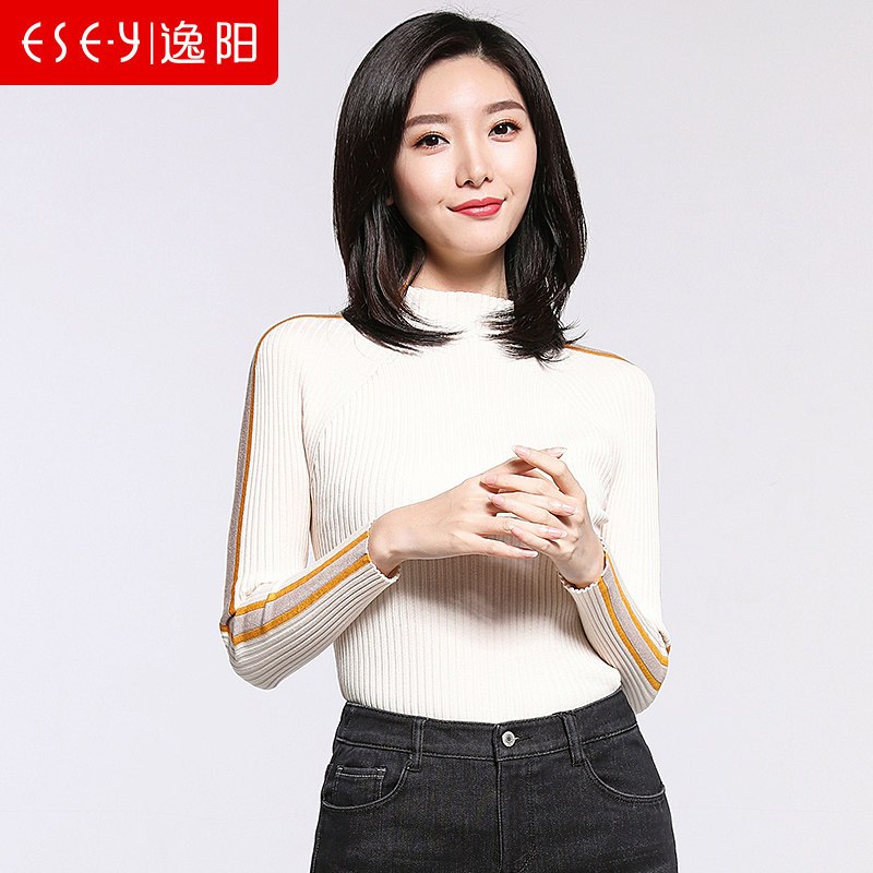 逸阳2019春季新款韩版修身显瘦套头纯色高领长袖女士毛衣1481 M 杏色