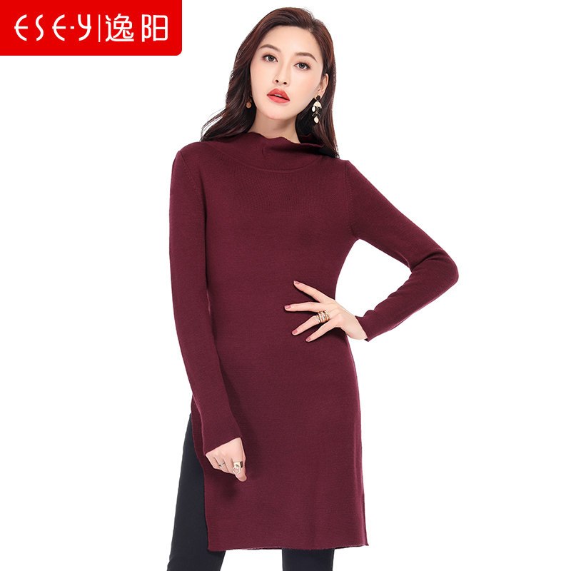 羊毛高领针织长袖中长款毛衣毛衫打底外穿修身2019春秋女装70554 L 酒红色