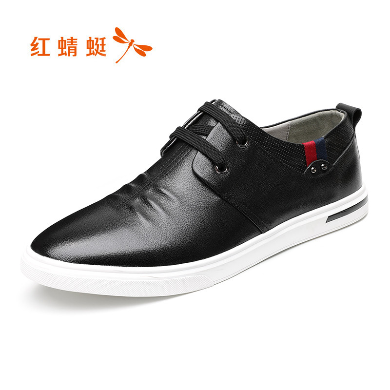 红蜻蜓男鞋2019春季新款真皮韩版商务休闲皮鞋圆头系带潮流板鞋子 黑色 42码
