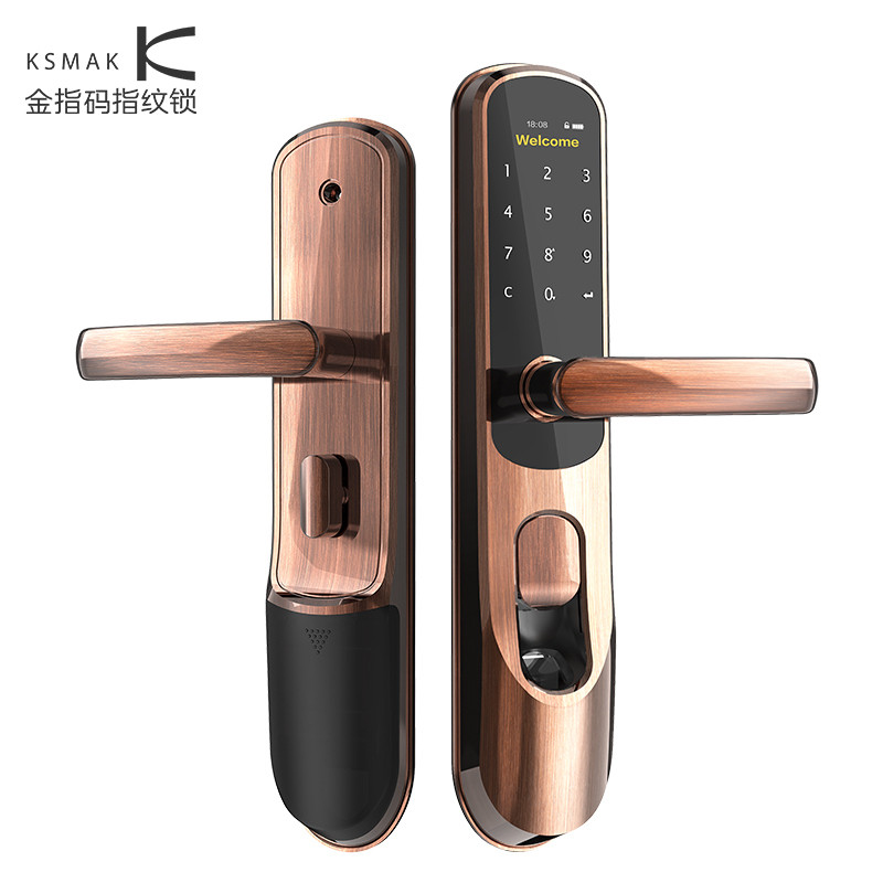 Ksmak金指码指纹锁 家用防盗门指纹锁密码锁大门锁智能锁 E4 通用型 【红古铜】+左开+真插芯锁体