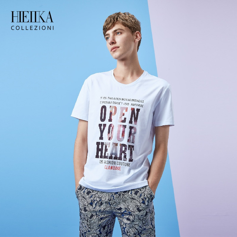 Hieiika海一家2019夏季时尚字母打底男装印花漂白花纹舒适短袖T恤_1 185/100A/XXL 漂白花纹YU