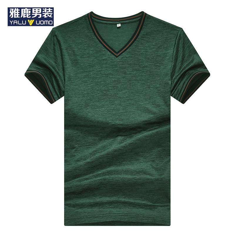 雅鹿男装夏男装新品 百搭V领纯色T恤短袖打底衫男18305 绿色 190/56