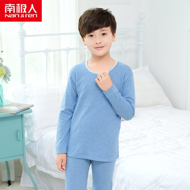 南极人青少年童装儿童内衣套装棉质双层提花男童女童秋衣秋裤内衣 浅蓝 130cm