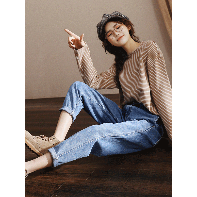 轩兹宽松哈伦牛仔裤女2019春季新款港味小脚长裤高腰显瘦萝卜裤潮 26码 蓝色