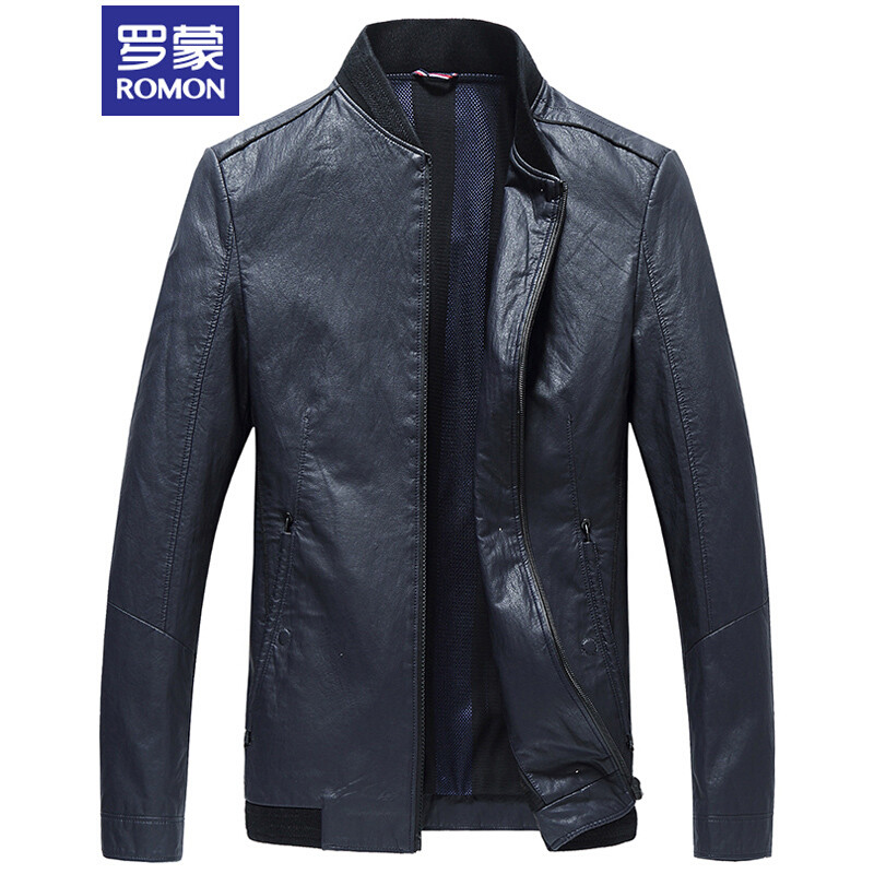 罗蒙（ROMON）仿皮皮衣男春季潮流时尚休闲修身立领皮夹克外套男 190/3XL 藏青