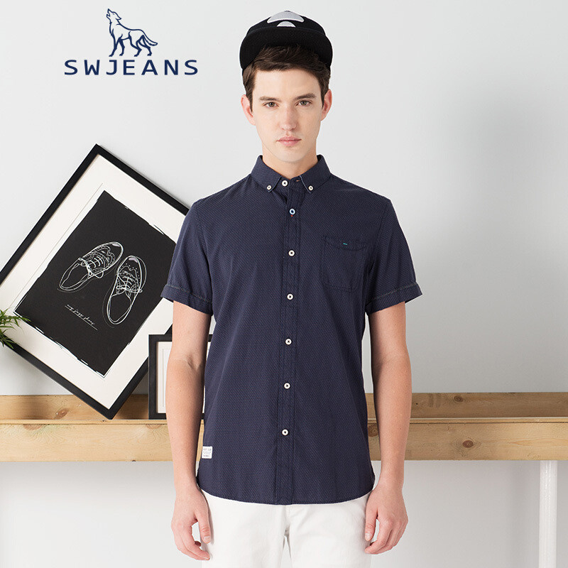 SWJEANS七匹狼青年男装夏季新款时尚波点衬衫修身纯色短袖衬衫男_1 175 藏青