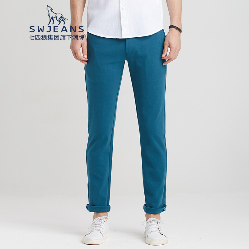 SWJEANS七匹狼青春流行舒适中腰侧置纯色直筒型休闲男士长裤_1 170 灰绿色