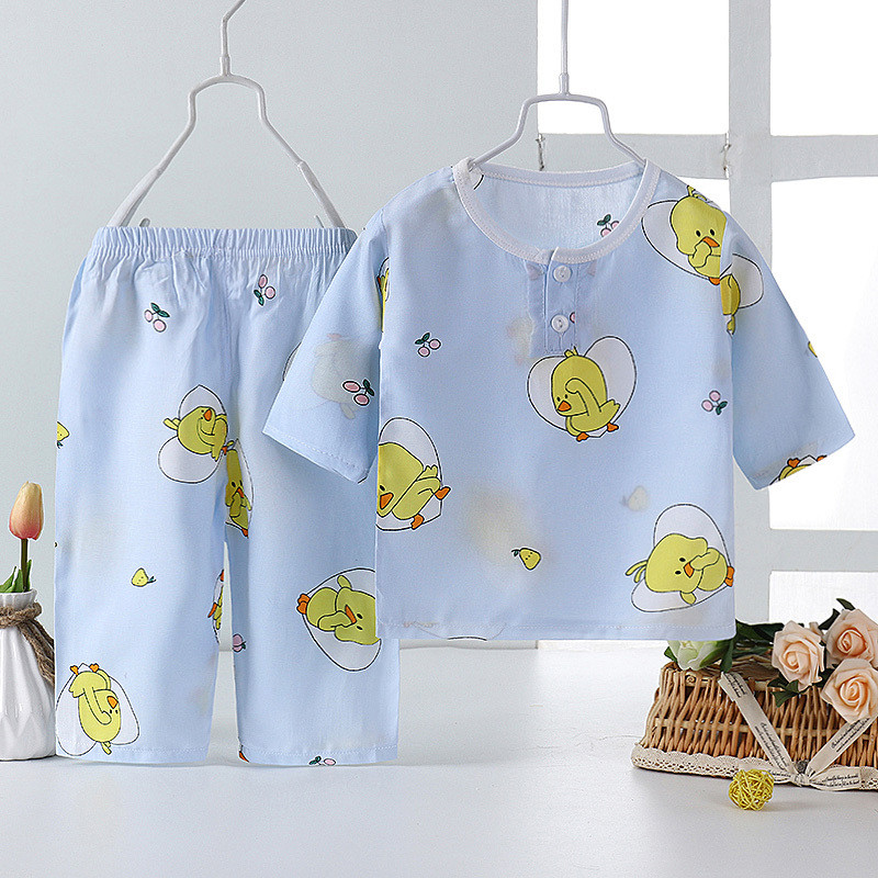 口袋虎春夏季女童新款睡衣家居服空调服长袖长裤套装0-5岁男童宝宝常规轻薄套装150cm MC106蓝色小鸭 75#(110-120cm5岁左右）