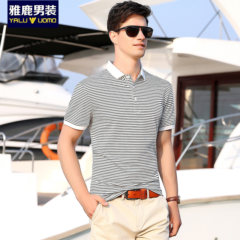 雅鹿男装商务休闲系列男款条纹T恤18ZT12099 绿色 52