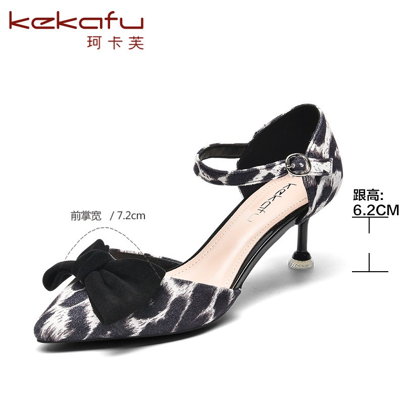 珂卡芙单鞋女2019春季蝴蝶结猫跟鞋中空尖头高跟鞋细跟豹纹凉鞋女 豹纹白 36