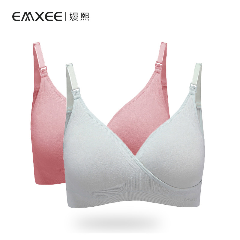 嫚熙（EMXEE）哺乳文胸无钢圈孕妇内衣舒适型聚拢防下垂喂奶上开扣（组合） 浅绿+豆沙红 L