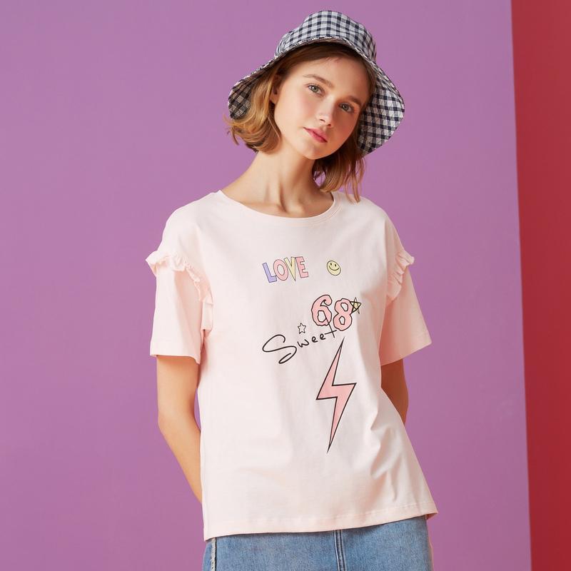 美特斯邦威T恤女夏季新款印花时尚短袖T恤603644 170/92A/XL 粉色