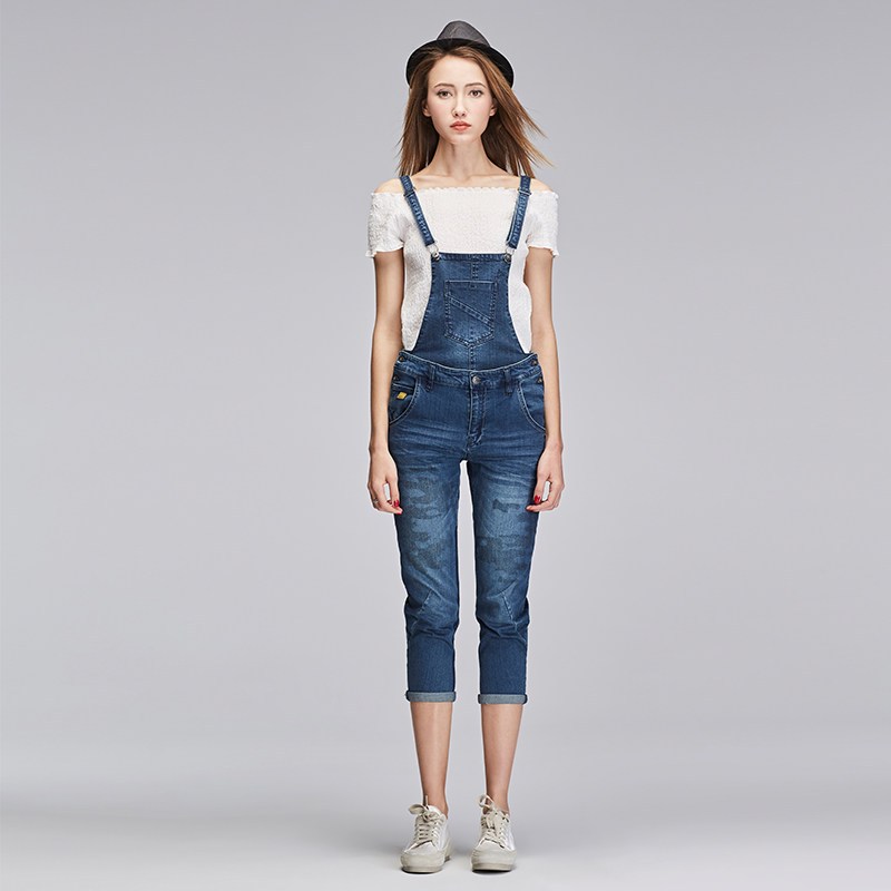sdeer圣迪奥2019夏装印花卷边牛仔背带卷边七分牛仔裤女 XL 深钴青/84