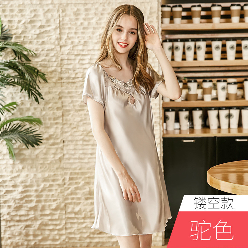 耀婷仿真丝睡衣女士夏季丝绸性感短袖睡裙女夏 M 驼色