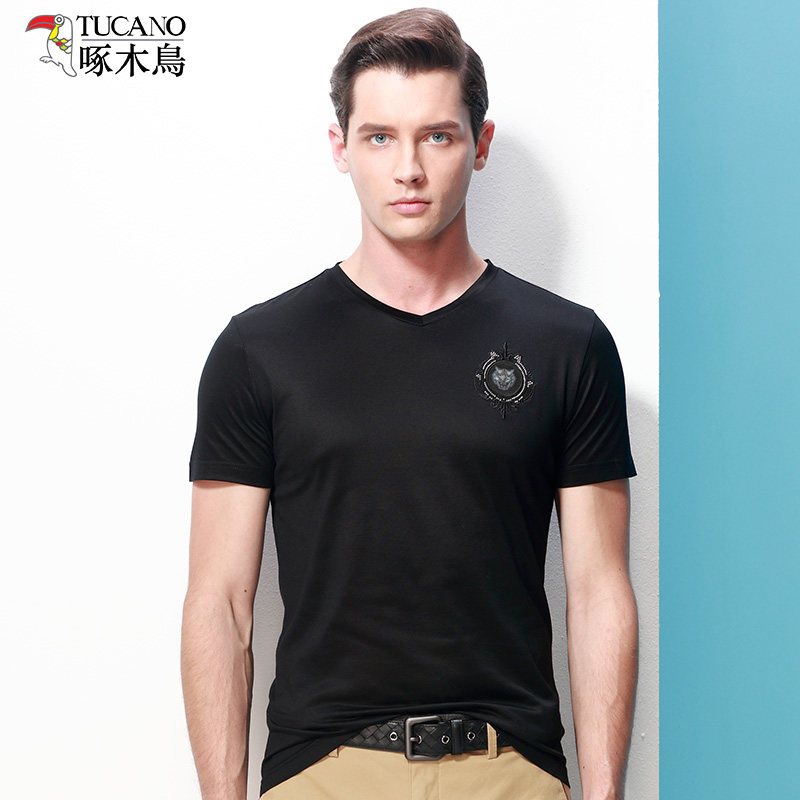 TUCANO/啄木鸟V领短袖T恤男2019夏季休闲纯色舒适体恤男半袖_1 190/104A 黑色