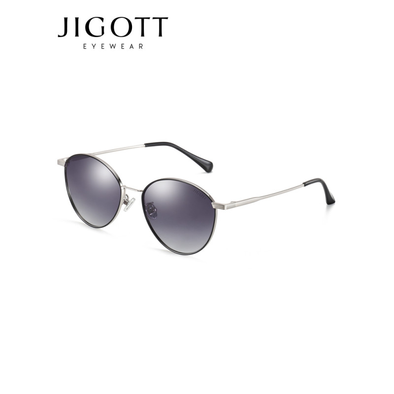JIGOTT 太阳镜女 时尚摩登眼镜 复古圆框墨镜潮人驾驶镜2019新品 52037 银框渐灰片