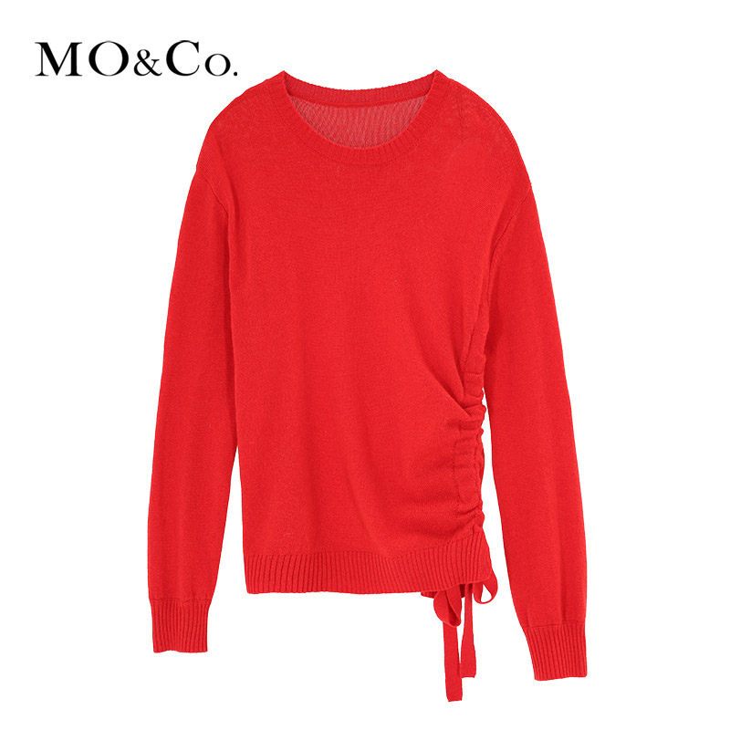 MOCO2018春季圆领抽褶纯色针织羊毛衫女摩安珂_1 L/170 非洲菊红色