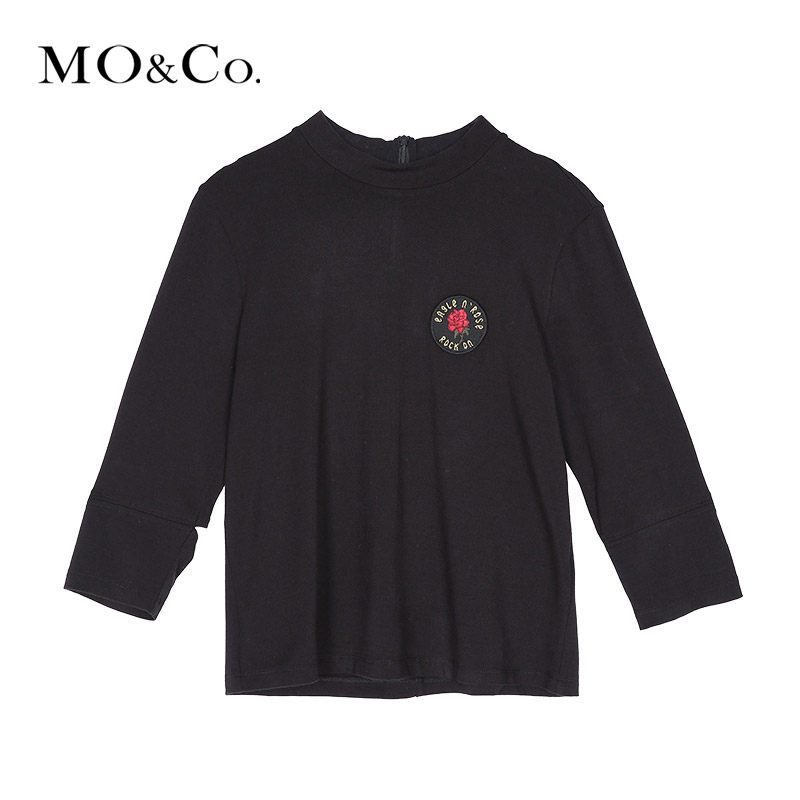 MOCO2017新款圆领针织衫女修身纯色套头上衣女摩安珂 M/165 黑色