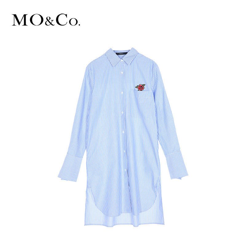 MOCO纯棉刺绣条纹长袖翻领不规则衬衫裙连衣裙moco S/160 蓝白条色