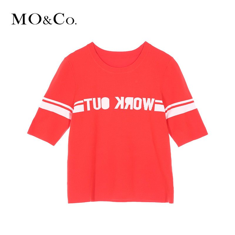 MOCO圆领撞色条纹中袖合体针织毛衫上衣女moco M/165 烈焰红色