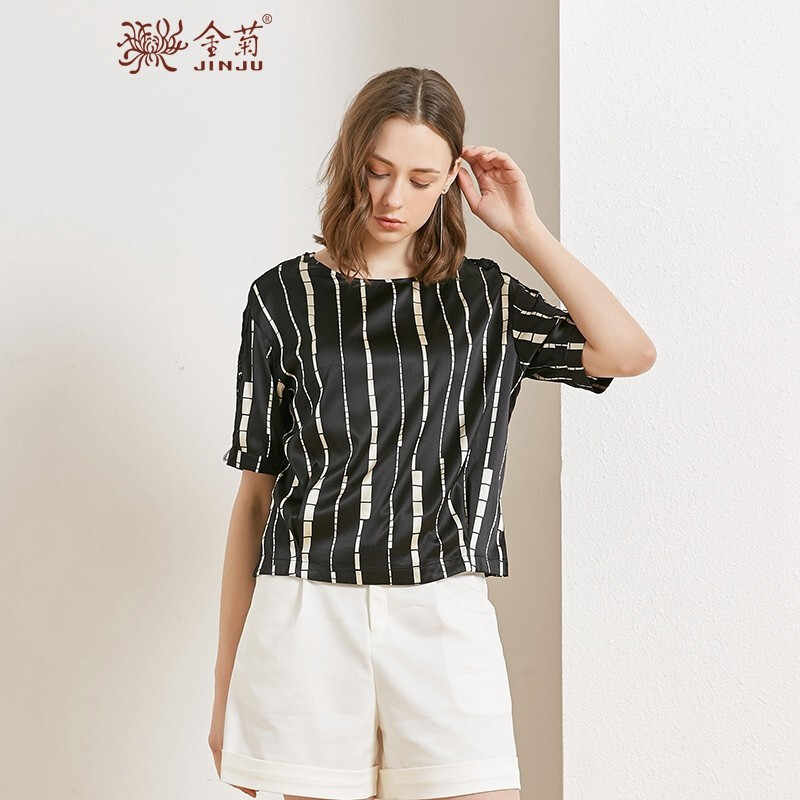 金菊2019春夏新款女装圆领真丝印花上衣女士桑蚕丝短袖T恤宽松显瘦大码装真丝上衣蕾丝拼接T L 条纹黑