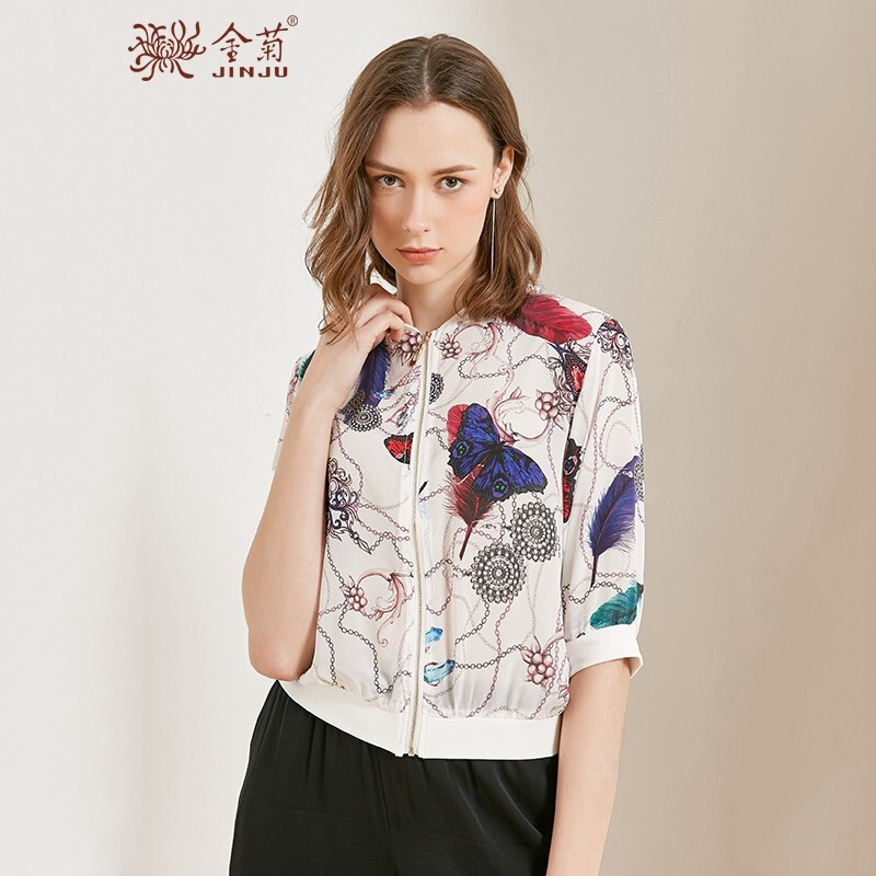 金菊2019春夏季新款女士印花真丝棒球衫时尚百搭桑蚕丝中袖短外套女拉链衫 本白 XXXL