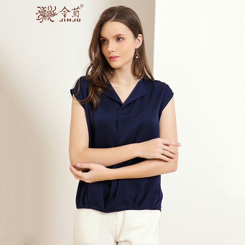 金菊女装2019春夏季新款女士v领真丝上衣时尚百搭桑蚕丝T恤短袖真丝T恤女款 藏青 XL