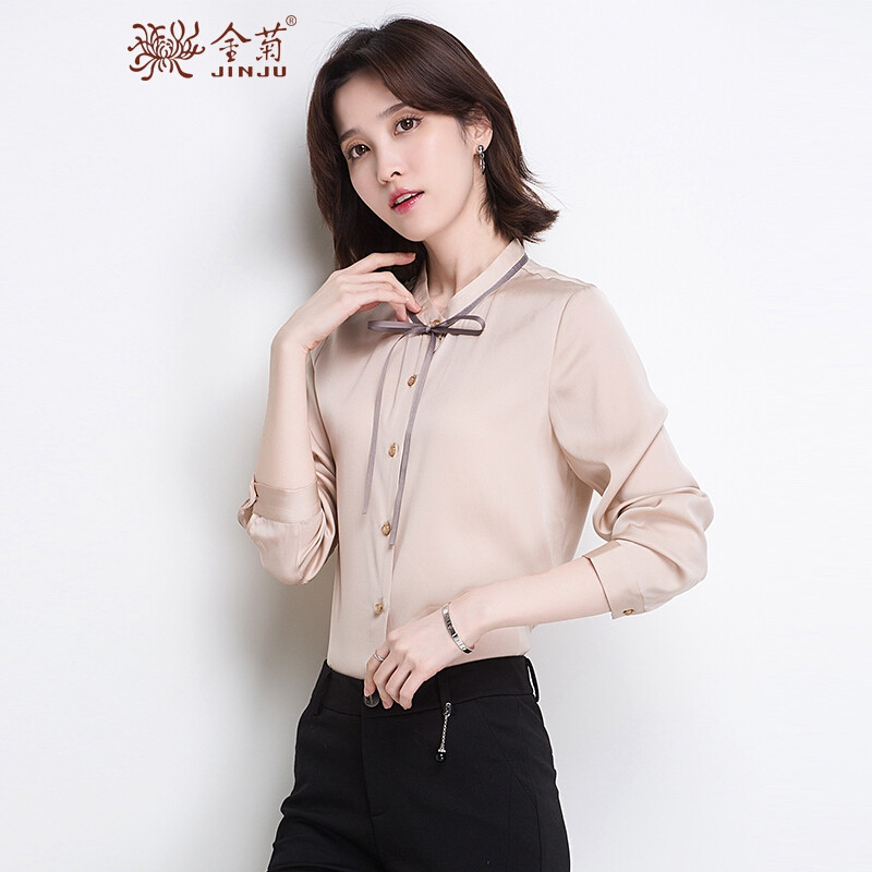 金菊春夏新款女士韩版修身真丝上衣女长袖桑蚕丝大码衬衫蝴蝶结系带衬衣女 米色 2XL