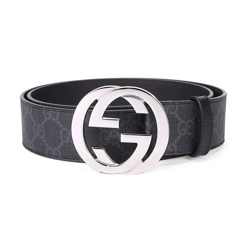 GUCCI 古驰 男士皮革板扣腰带皮带 414516 CVE0N 8449-黑色灰色GG图案 110