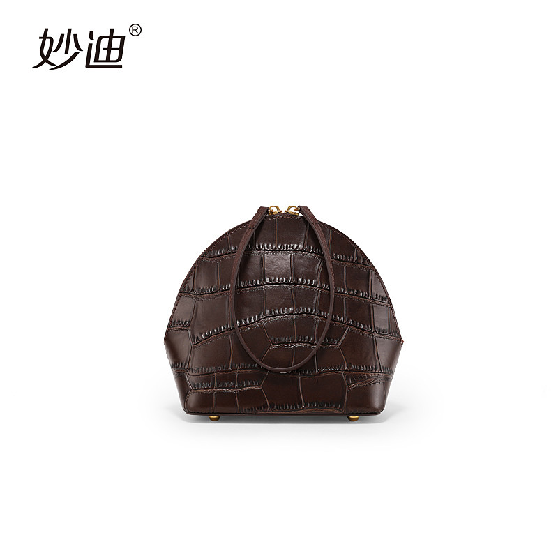 鳄鱼纹牛皮半圆包迷你手拎包单肩斜挎包 焦糖色