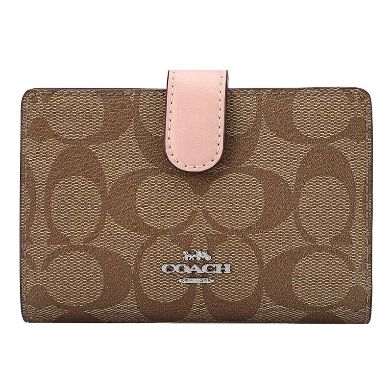 COACH 蔻驰 女士钱包 印花皮质短款精美钱包钱夹 卡其粉色